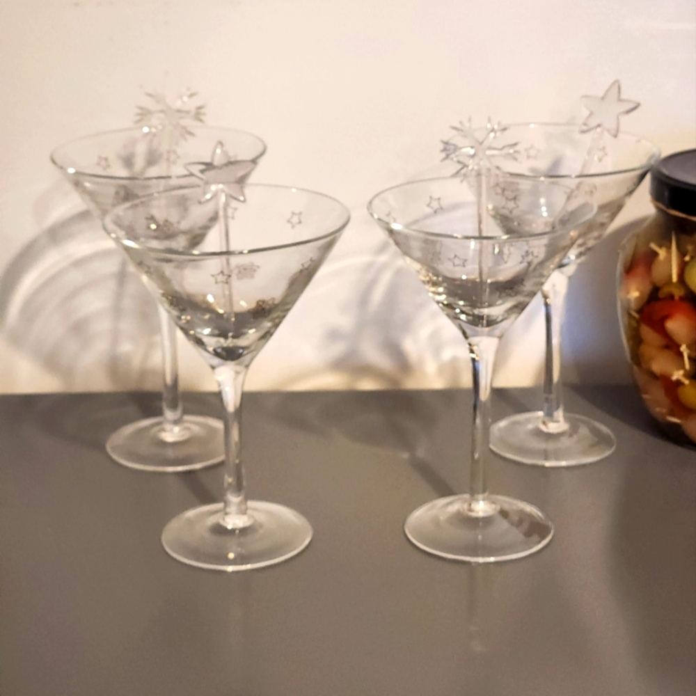 Snowflakes and Stars Holiday Martini Glasses - Set of 4